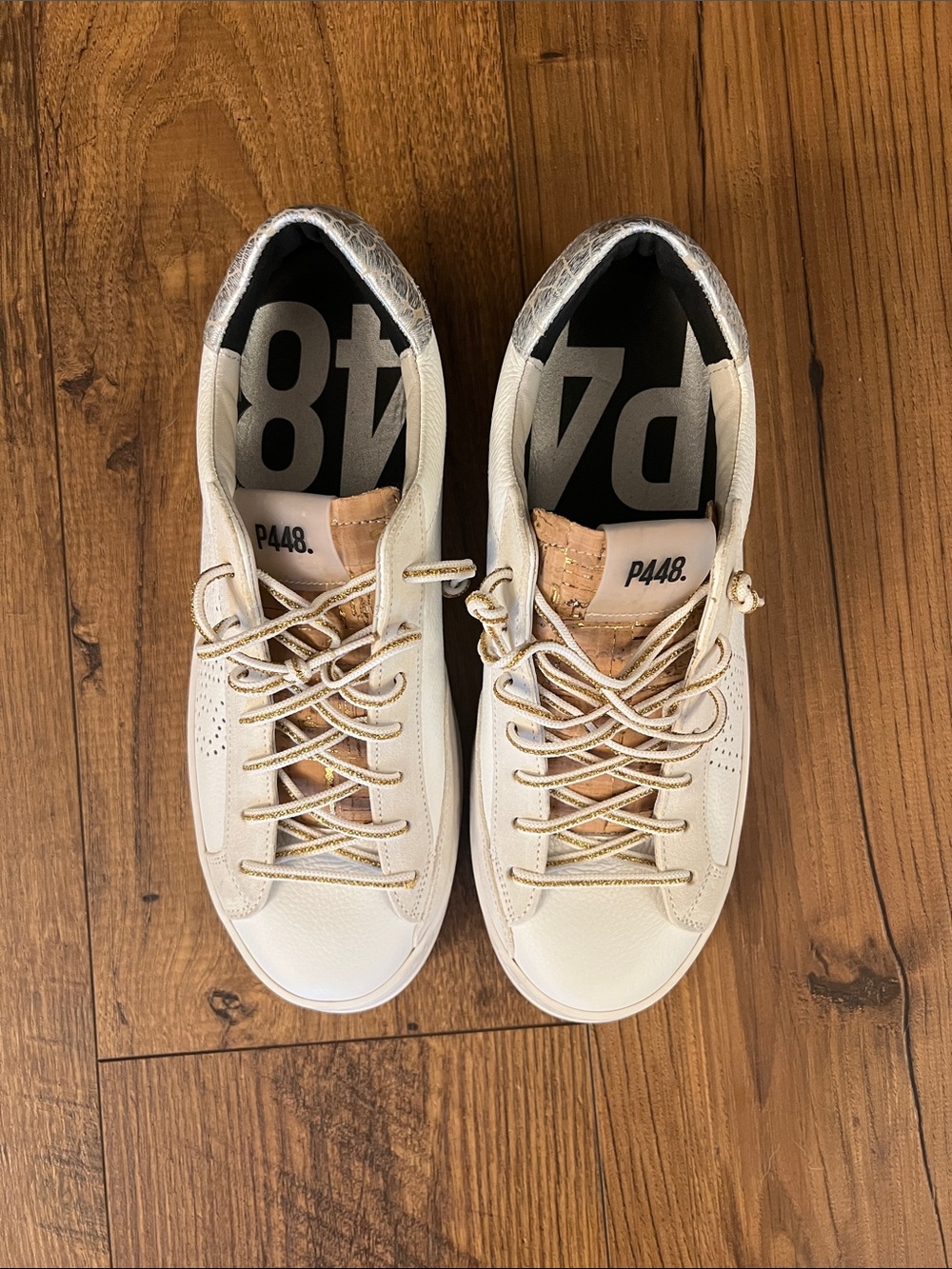 P448 women’s  White Sneakers with Tan Cork Tongue and Metallic Accents